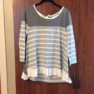 Gray Striped Top with Tie Back and Ruffle Detail